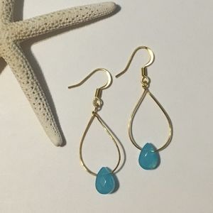 Blue Glass on Gold Teardrop Earrings (#1743)
